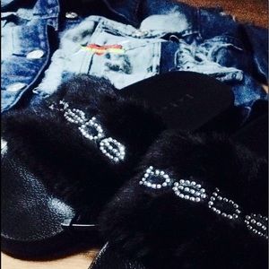 BRAND New BEBE Black Furry Slides